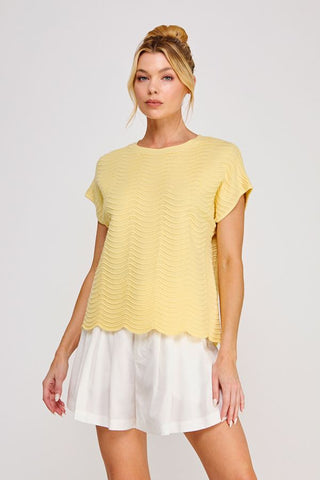 Fine Gauge Scallop Edge Knit Top in Yellow