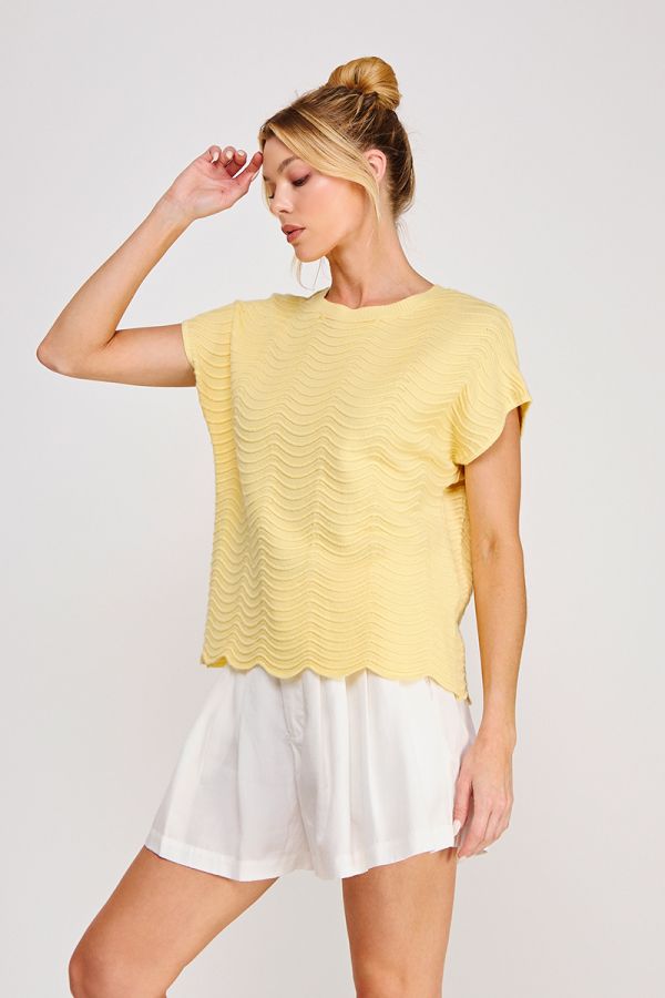 Fine Gauge Scallop Edge Knit Top in Yellow