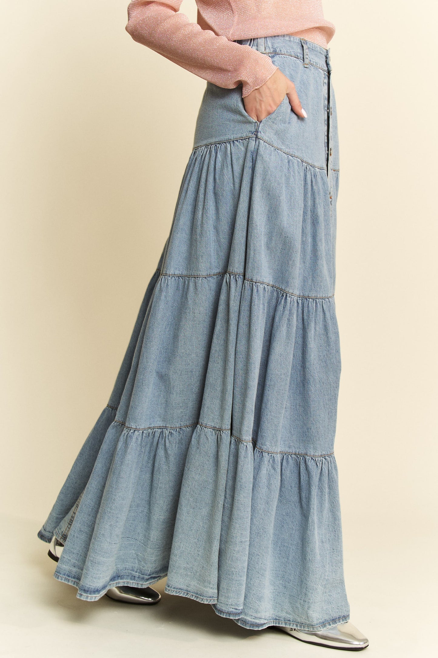 Tiered Denim Maxi Skirt