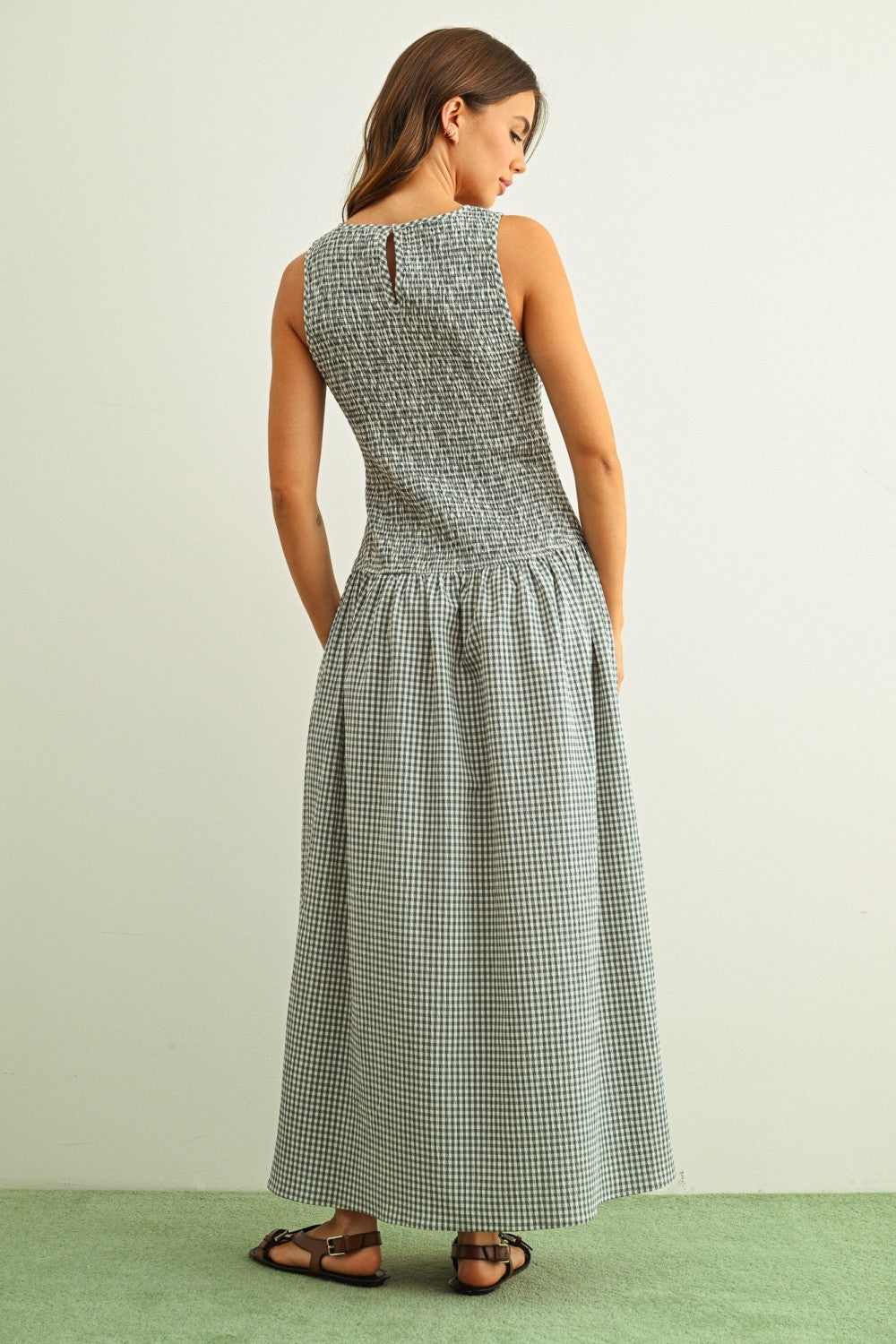 Long Smocked Bodice Maxi Dress in Blue