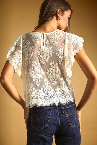 Lace Scalloped Overlay Top in Black & Ecru