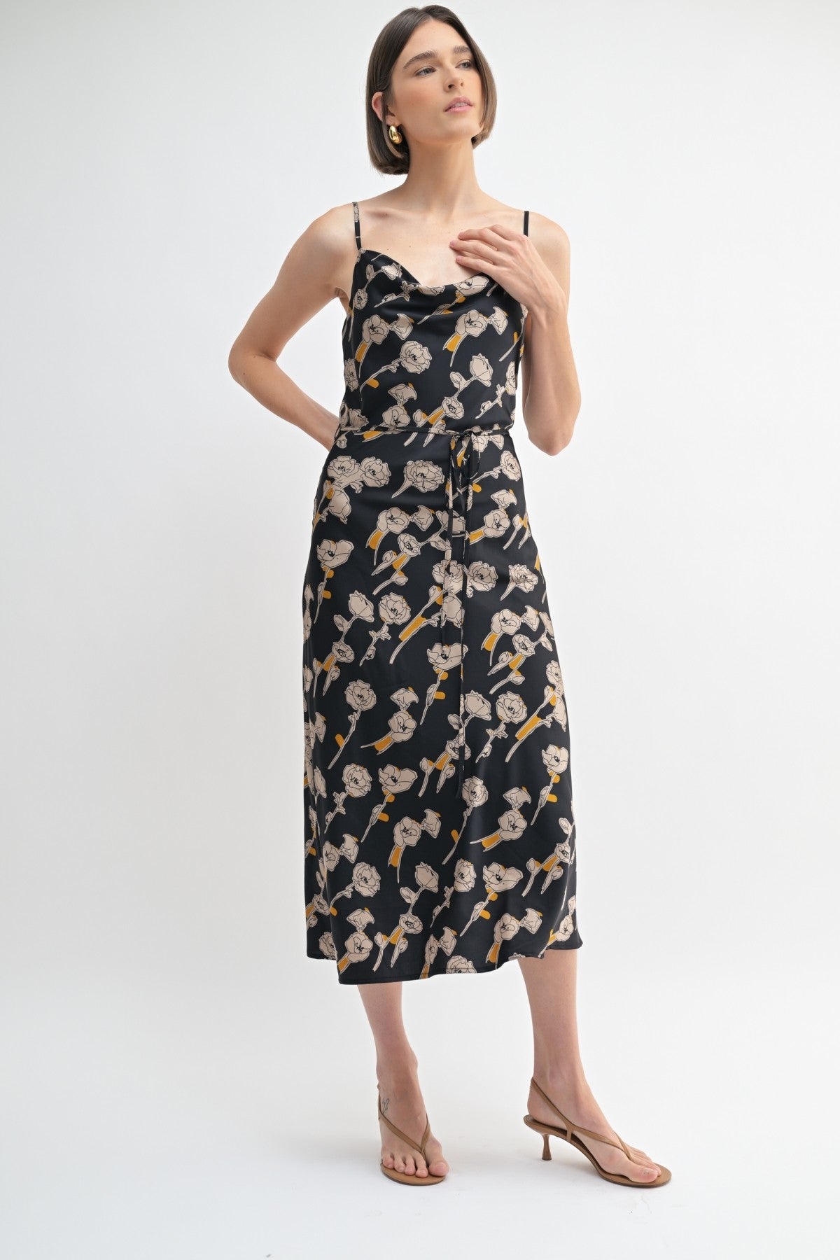 Flower Print Cowl Neck Dress