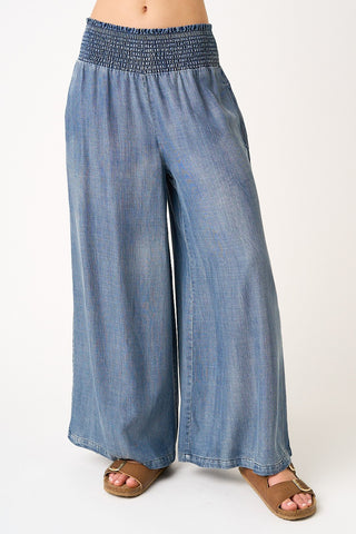 Smocked Waist Wide Leg Chambray Pants in Dark Denim