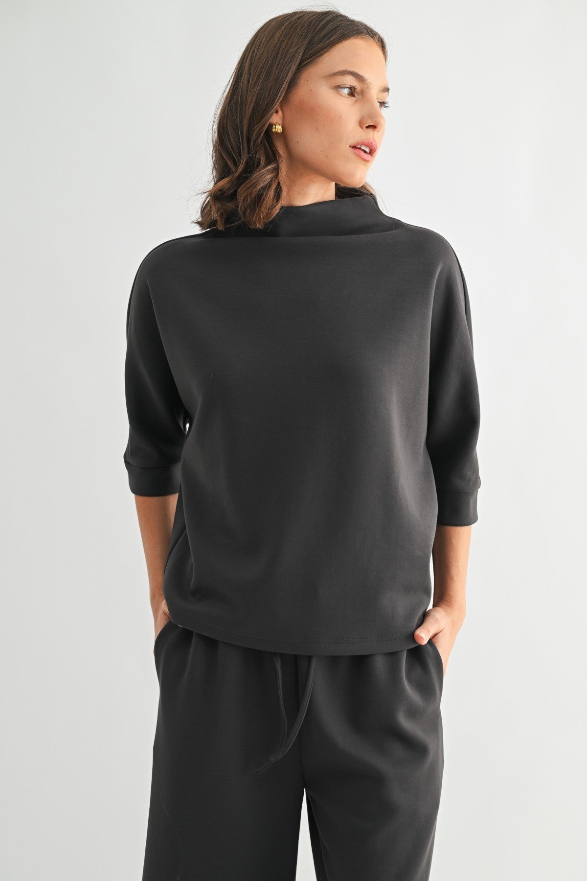 Scuba Mock Neck Knit Top in Charcoal