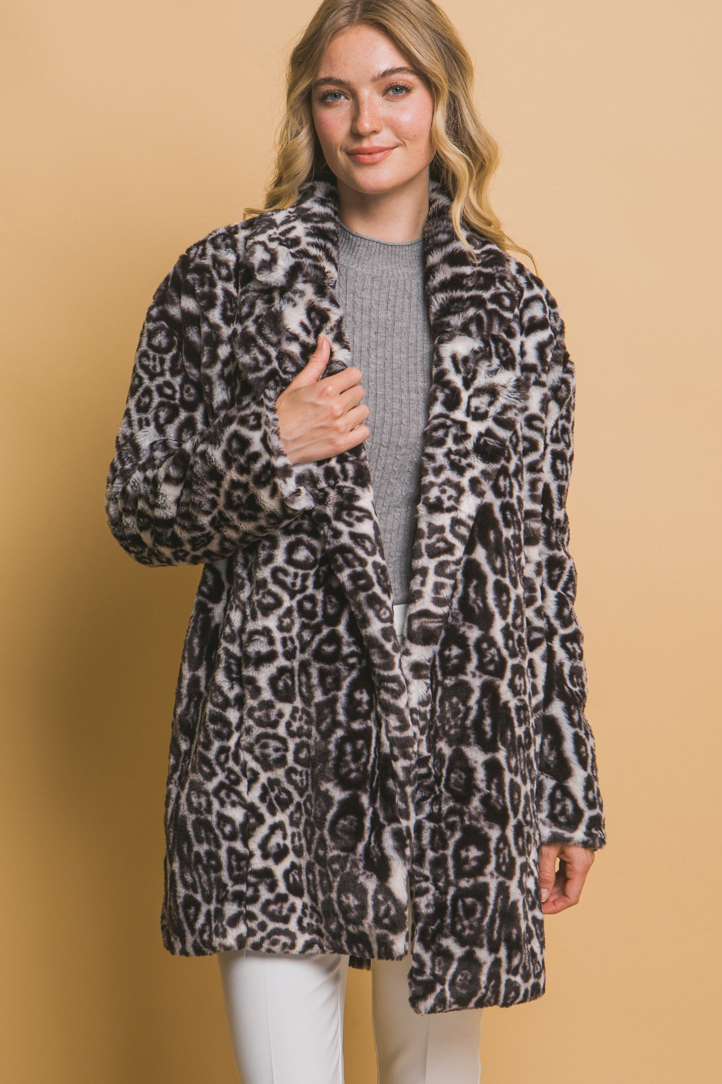 Faux Print Animal Print Fur Coat