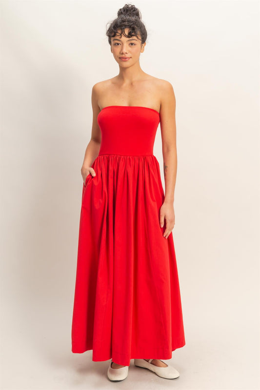 Strapless Flowy Maxi Dress in Red
