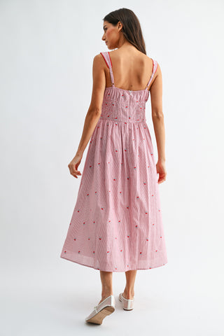 Cherry Embroidered Striped Midi Dress