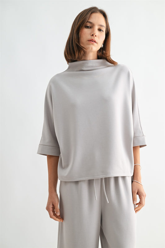 Scuba Mock Neck Knit Top in Light Grey