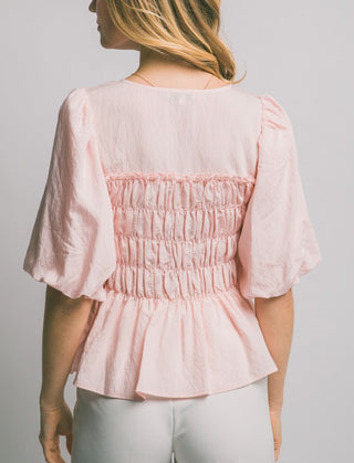 Puff Sleeve Smocked Bodice Top in Pink