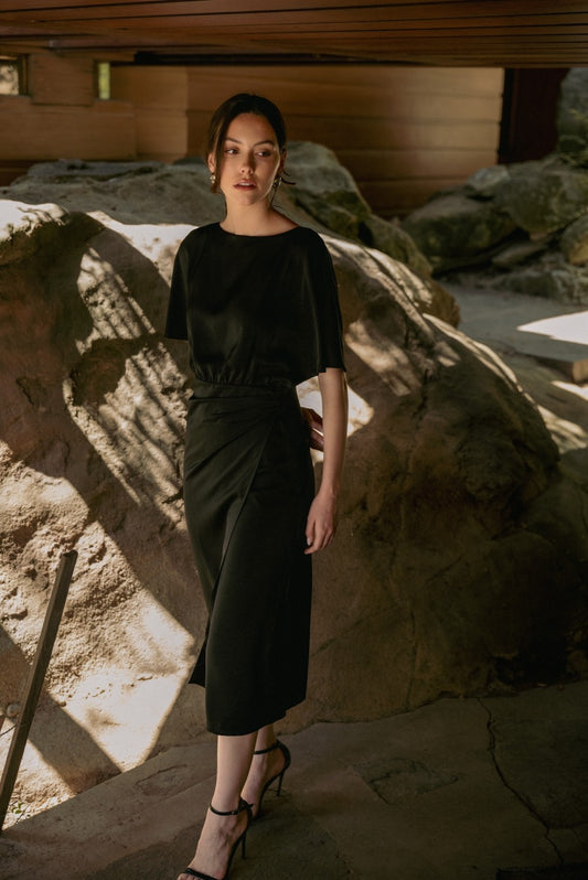 Satin Wrap Midi Dress in Black