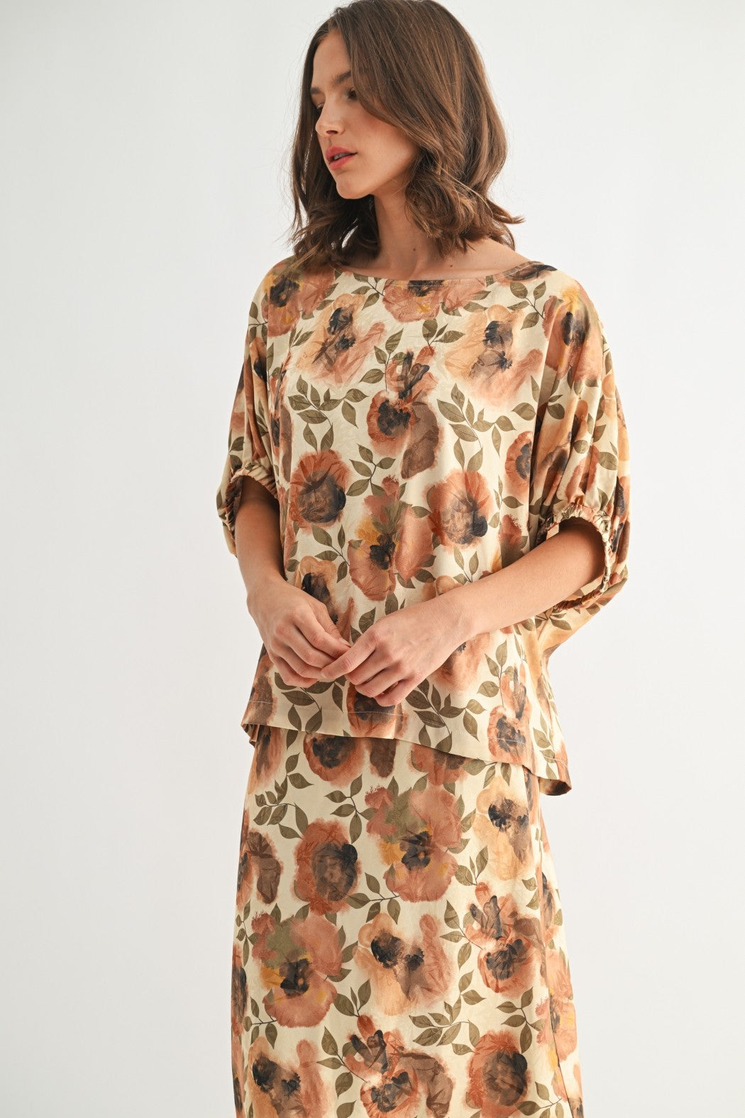 Flower Print Satin Dolman Top