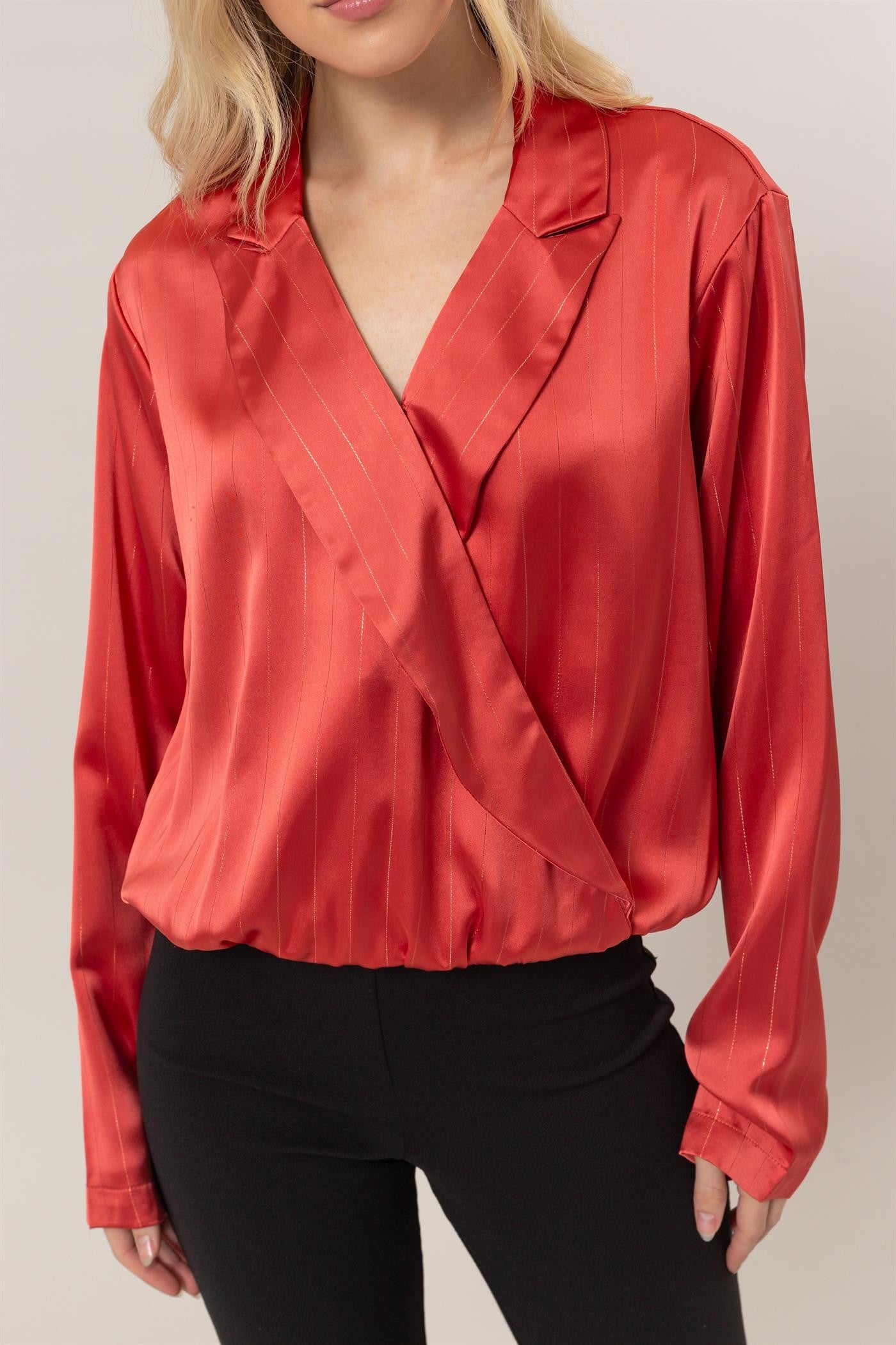 Sophisticated Lurex Wrap Blouse in Red