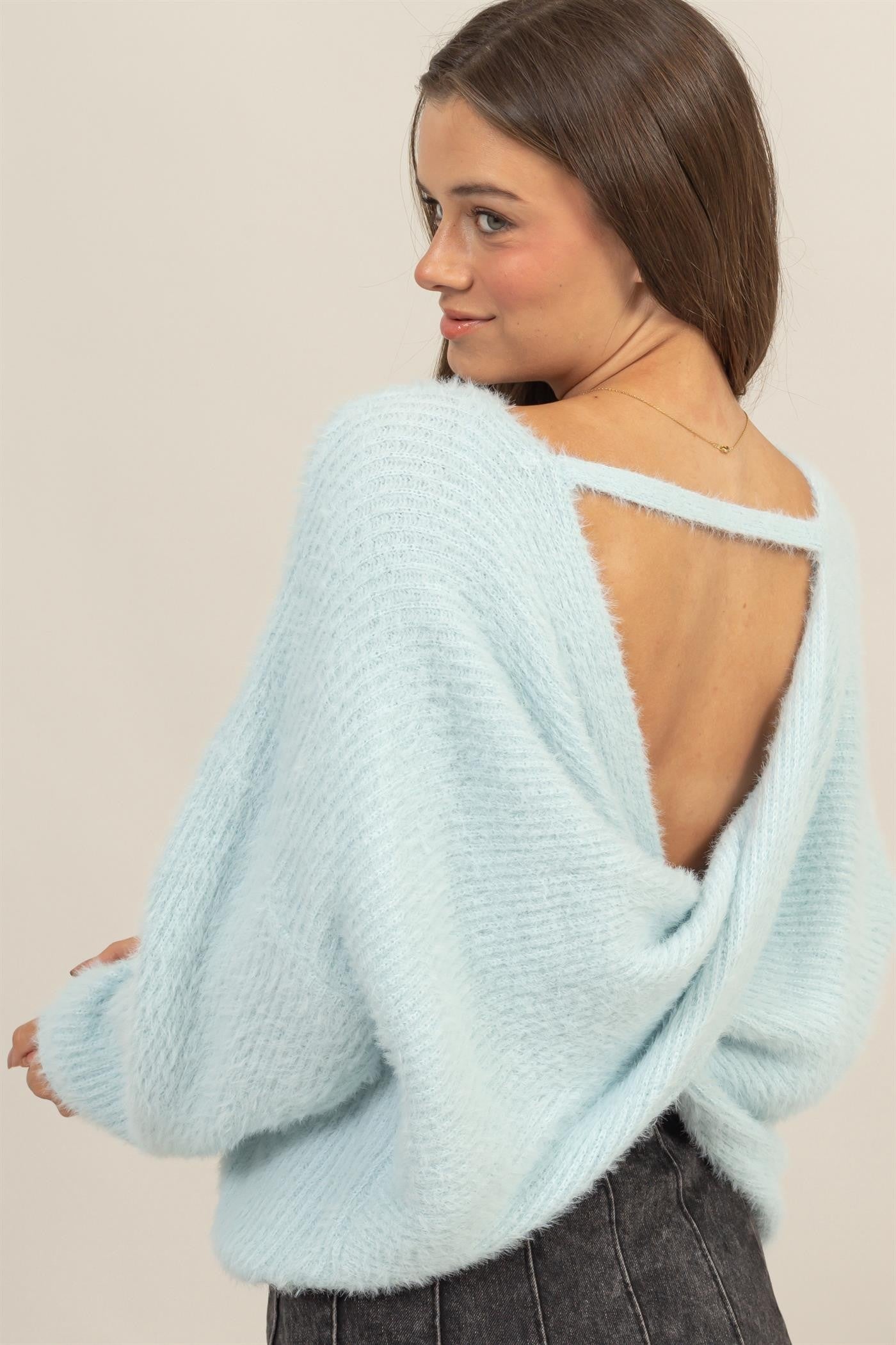 Romantic Open Back Sweater in Light Blue