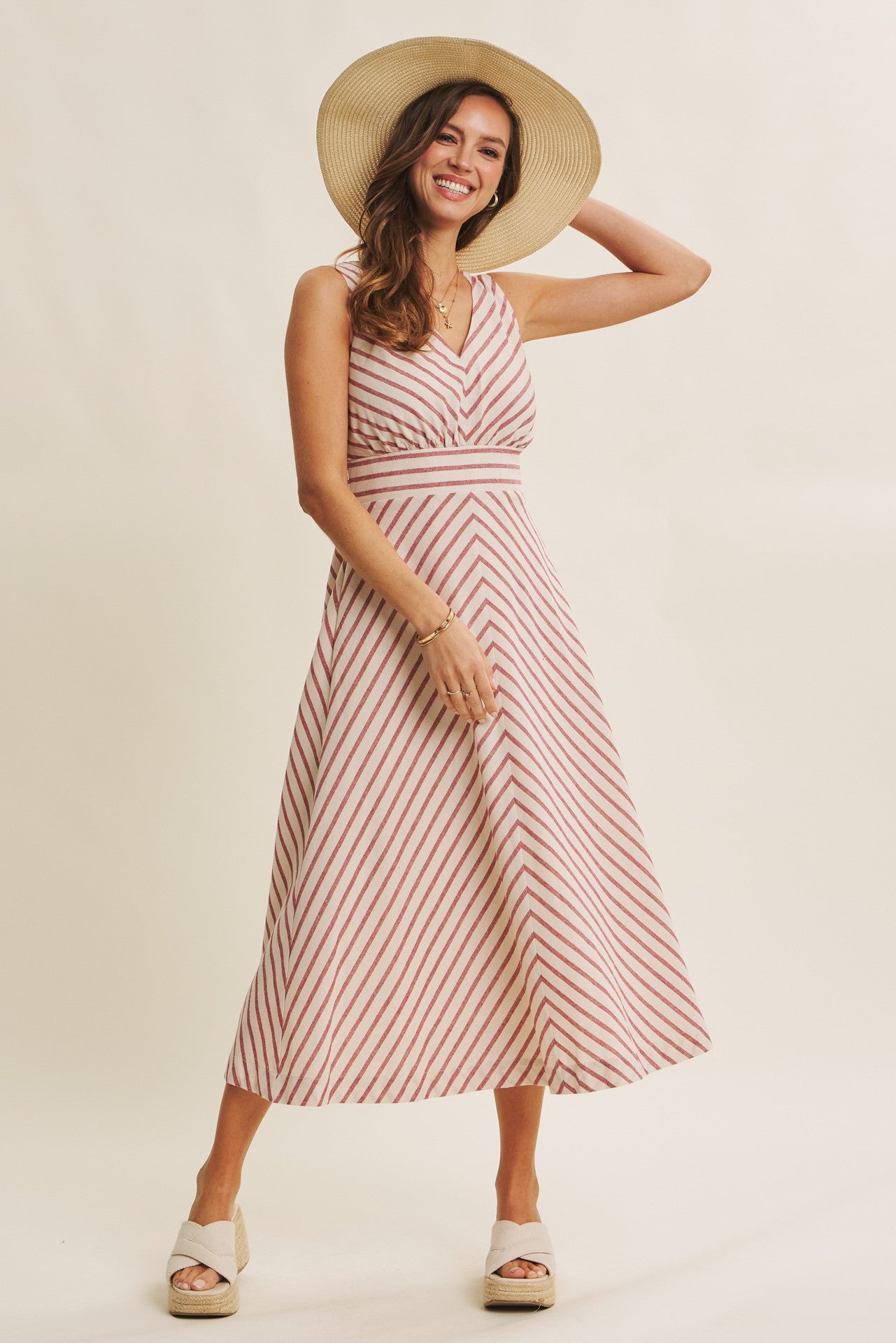 Fit and Flare Stripe Midi Dress in Red