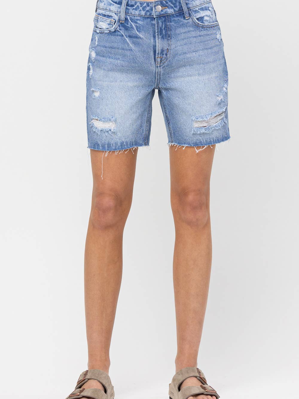 Mid Rise Fray Hem Shorts