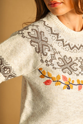 Leaf Embroidered Fair Isle Short Sleeve Sweater Top – Women's Sweater by MIOU MUSE