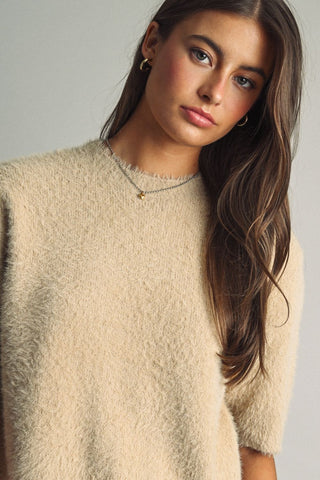 MIOU MUSE Cropped Eyelash Faux-Fur Sweater in Tan