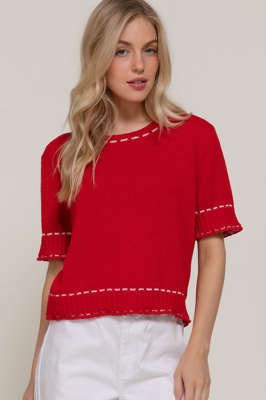 Short Sleeve Color Stitch Sweater