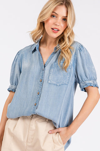 Tencel Puff Sleeve Top in Light Denim
