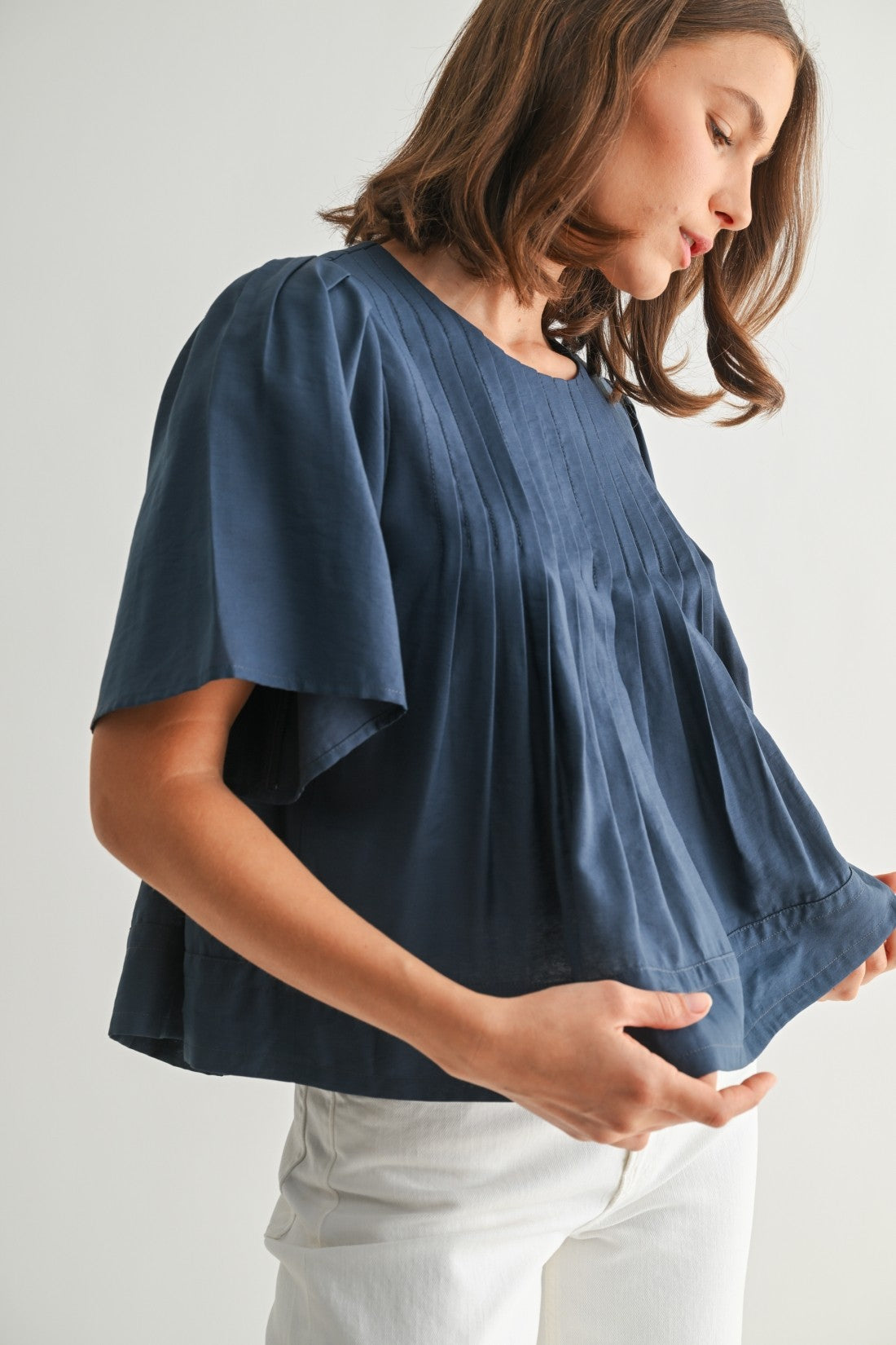 Pintuck Short Sleeve Blouse in Blue