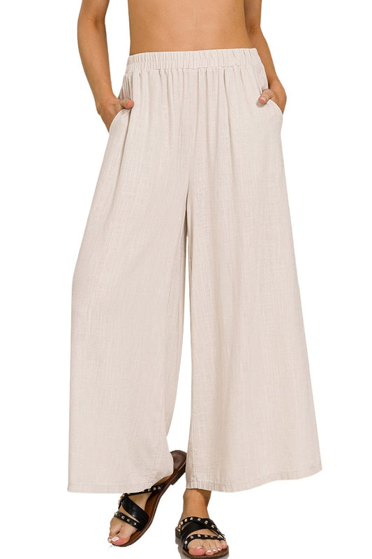 Linen Blend Wide Leg Pants in Sand Beige