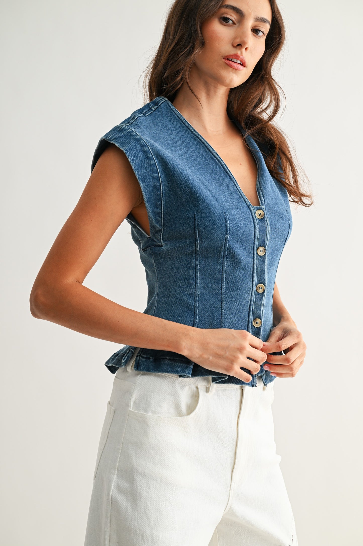 Button-down Denim Sleeveless Peplum Top