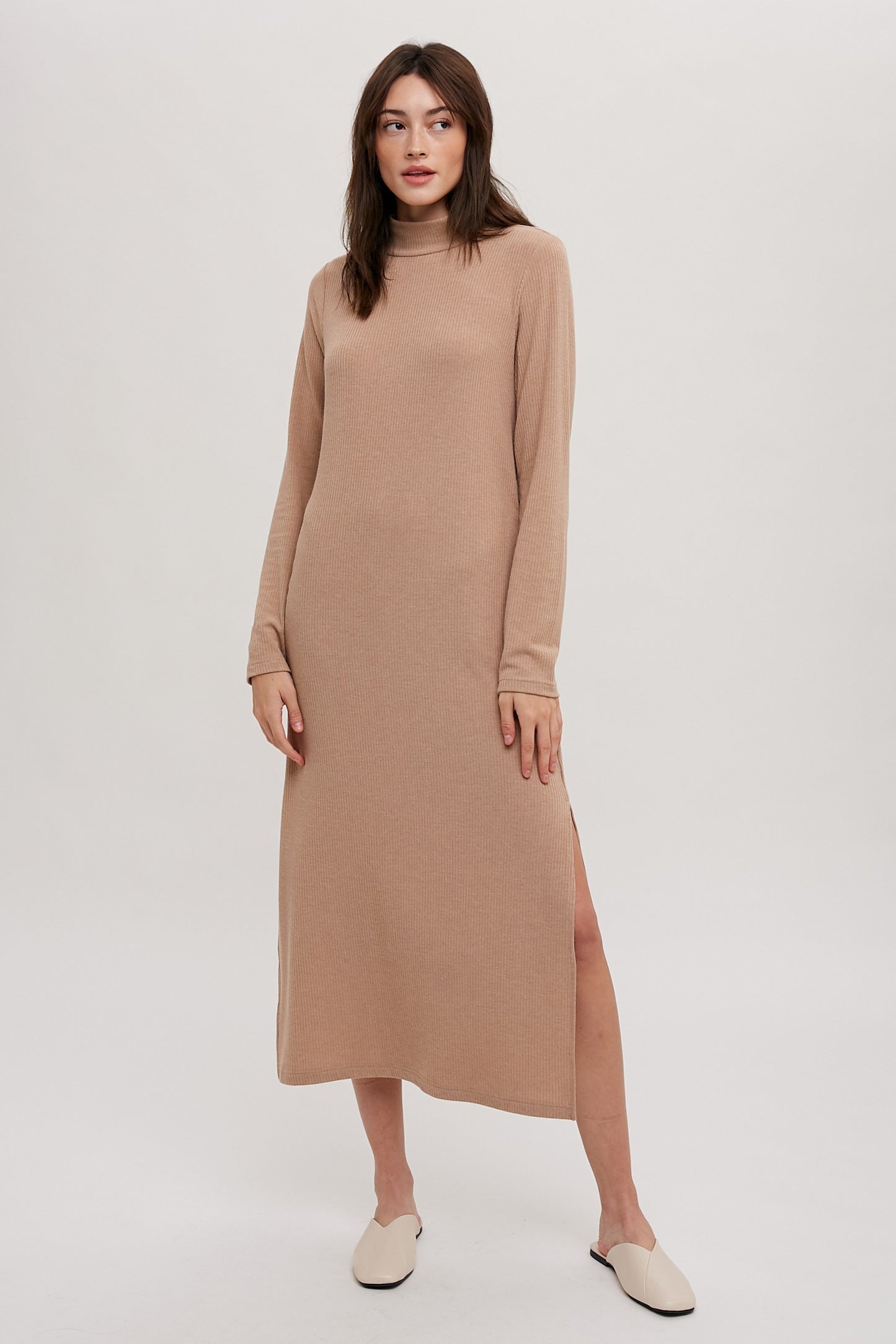 Mock Neck Knit Midi Dress in Taupe