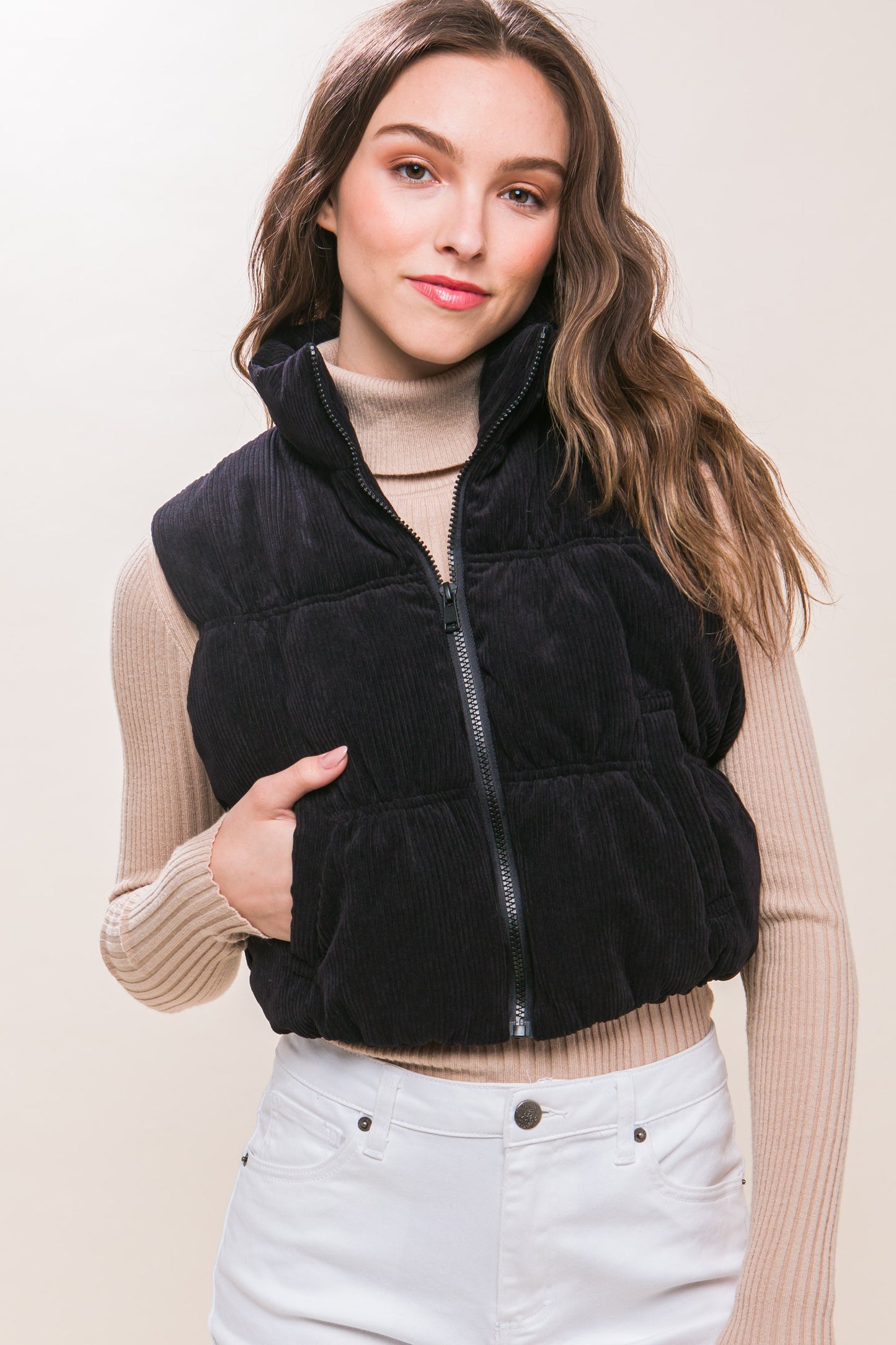 Corduroy Cropped Puffer Vest in Black