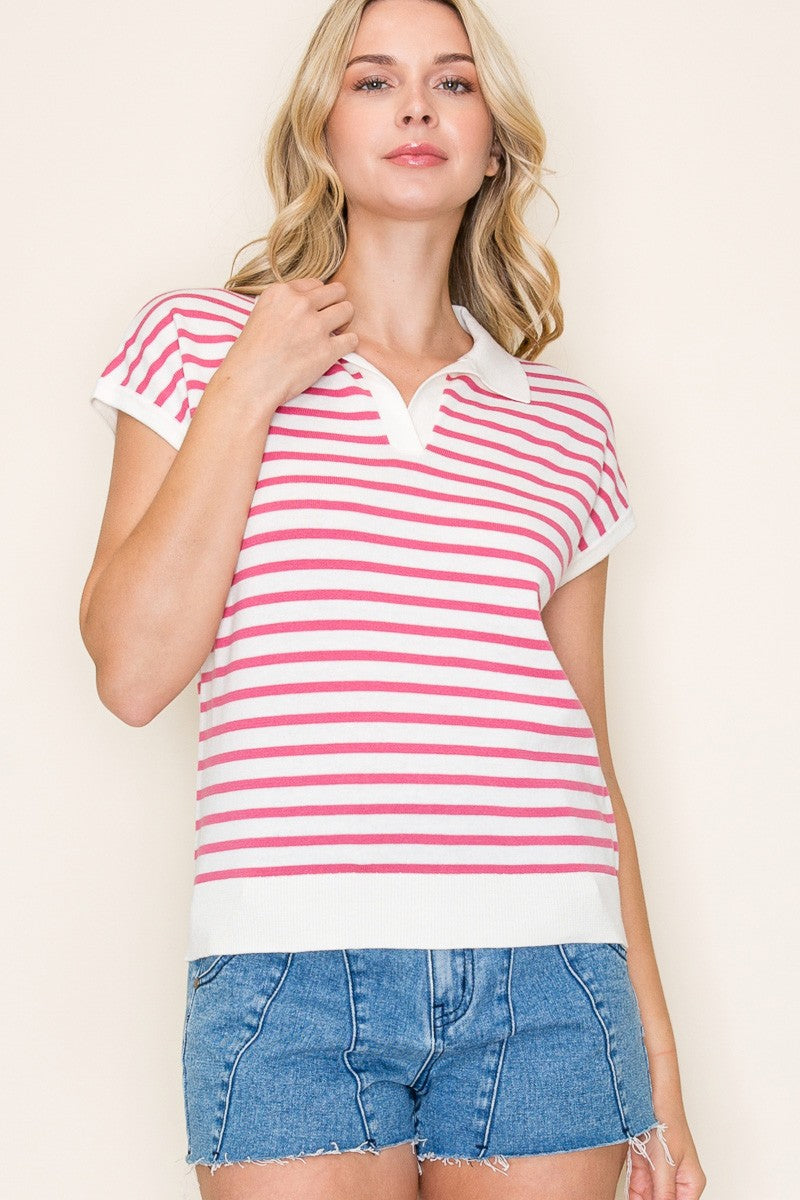 Pink Stripe Johnny Collar Top