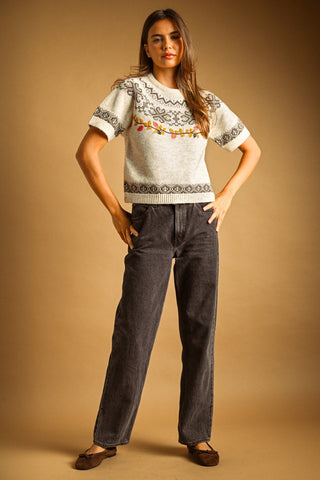 Leaf Embroidered Fair Isle Short Sleeve Sweater Top – Women's Sweater by MIOU MUSE