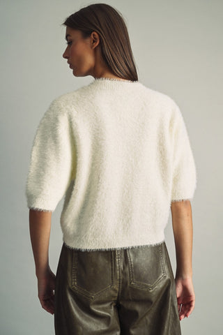 MIOU MUSE Cropped Eyelash Faux-Fur Sweater in Cream