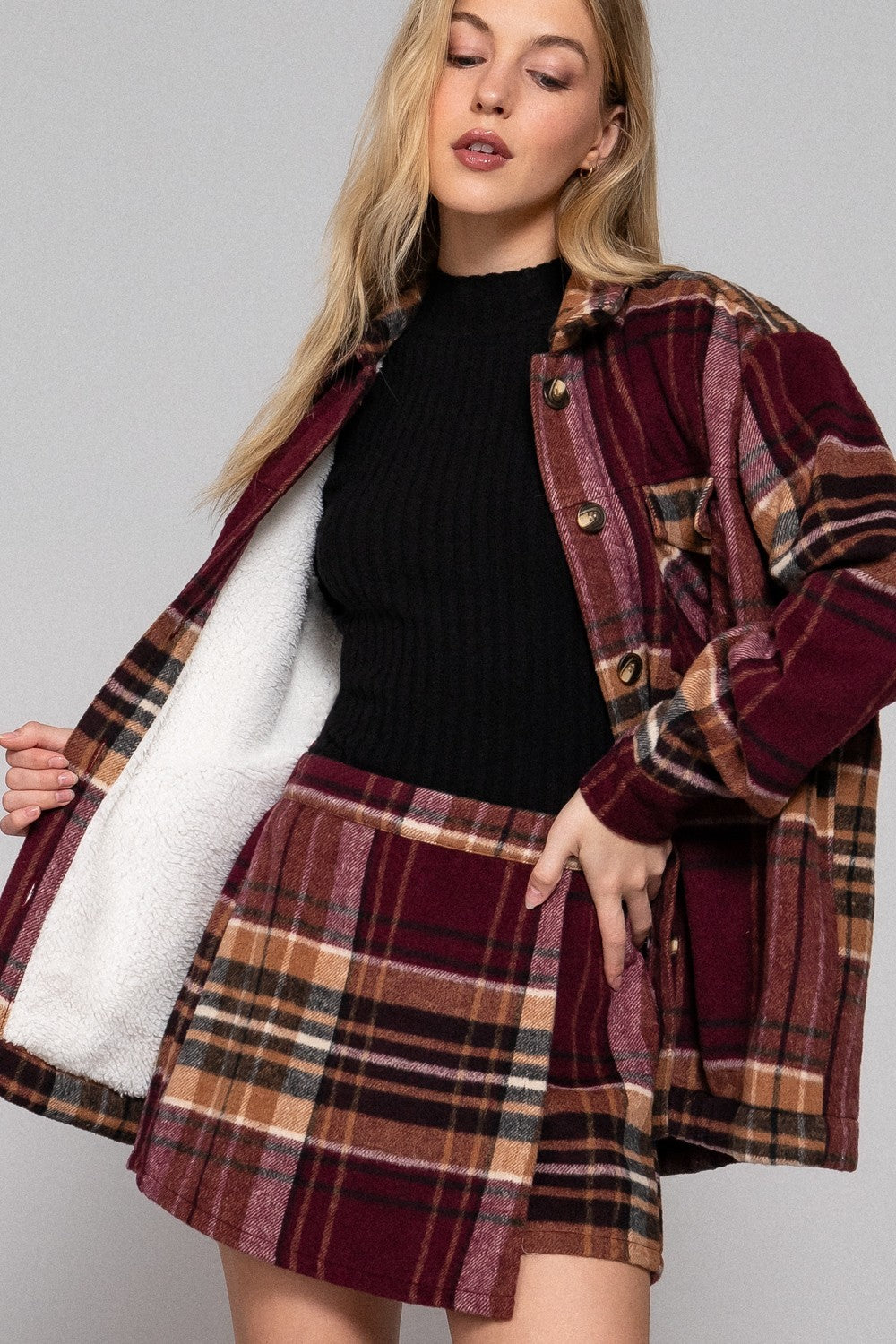 Burgundy Plaid Sherpa Lined Jacket