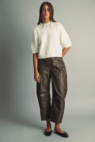 MIOU MUSE Cropped Eyelash Faux-Fur Sweater in Cream