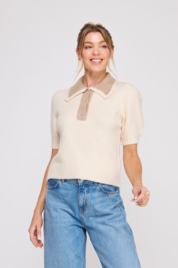 Collard Puff Short Sleeve Sweater