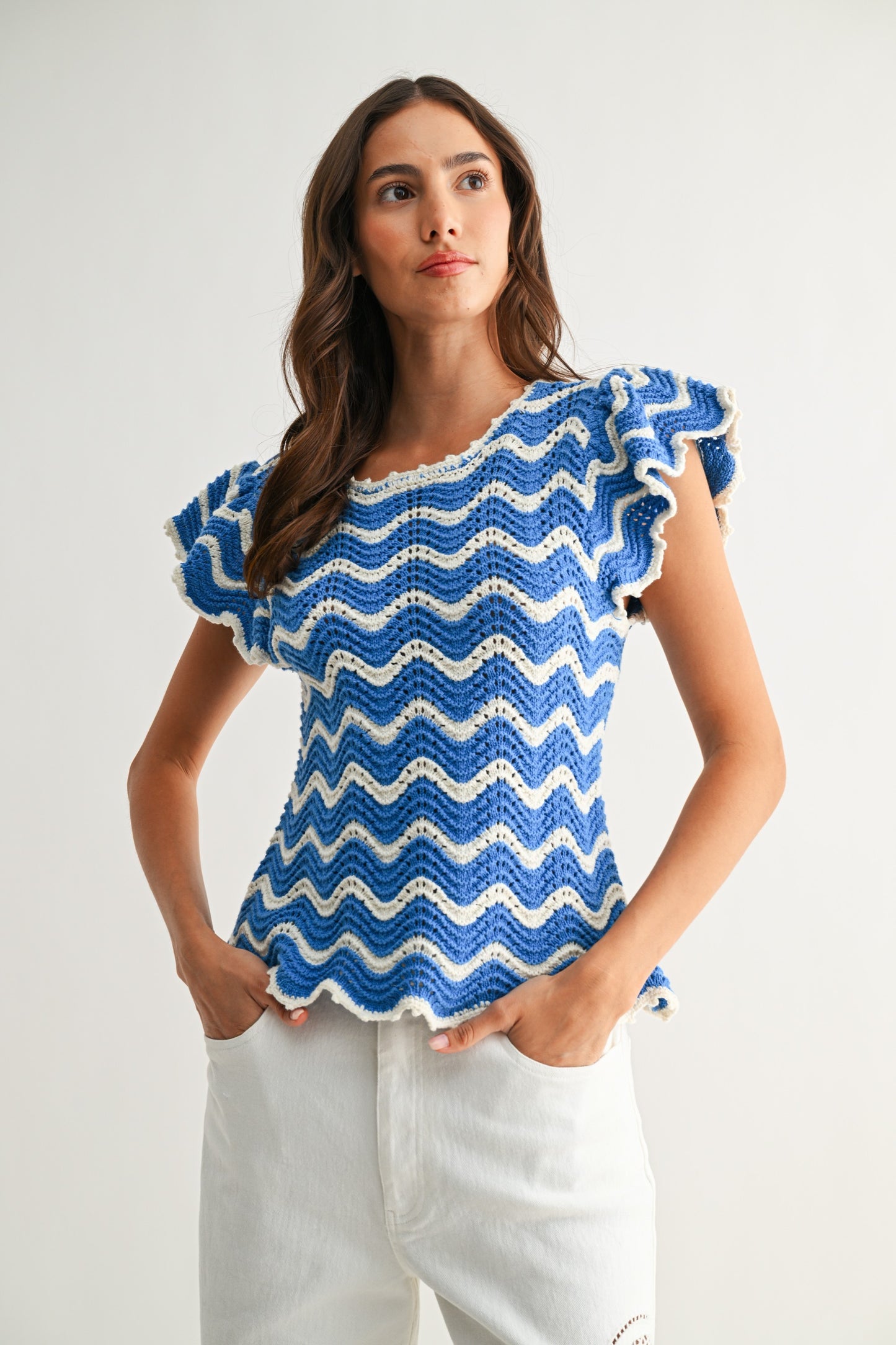 Blue & White Chevron Knit Top