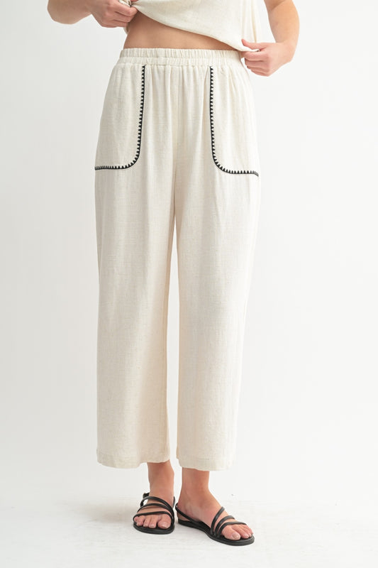 Embroidered Detail Pants in Oatmeal
