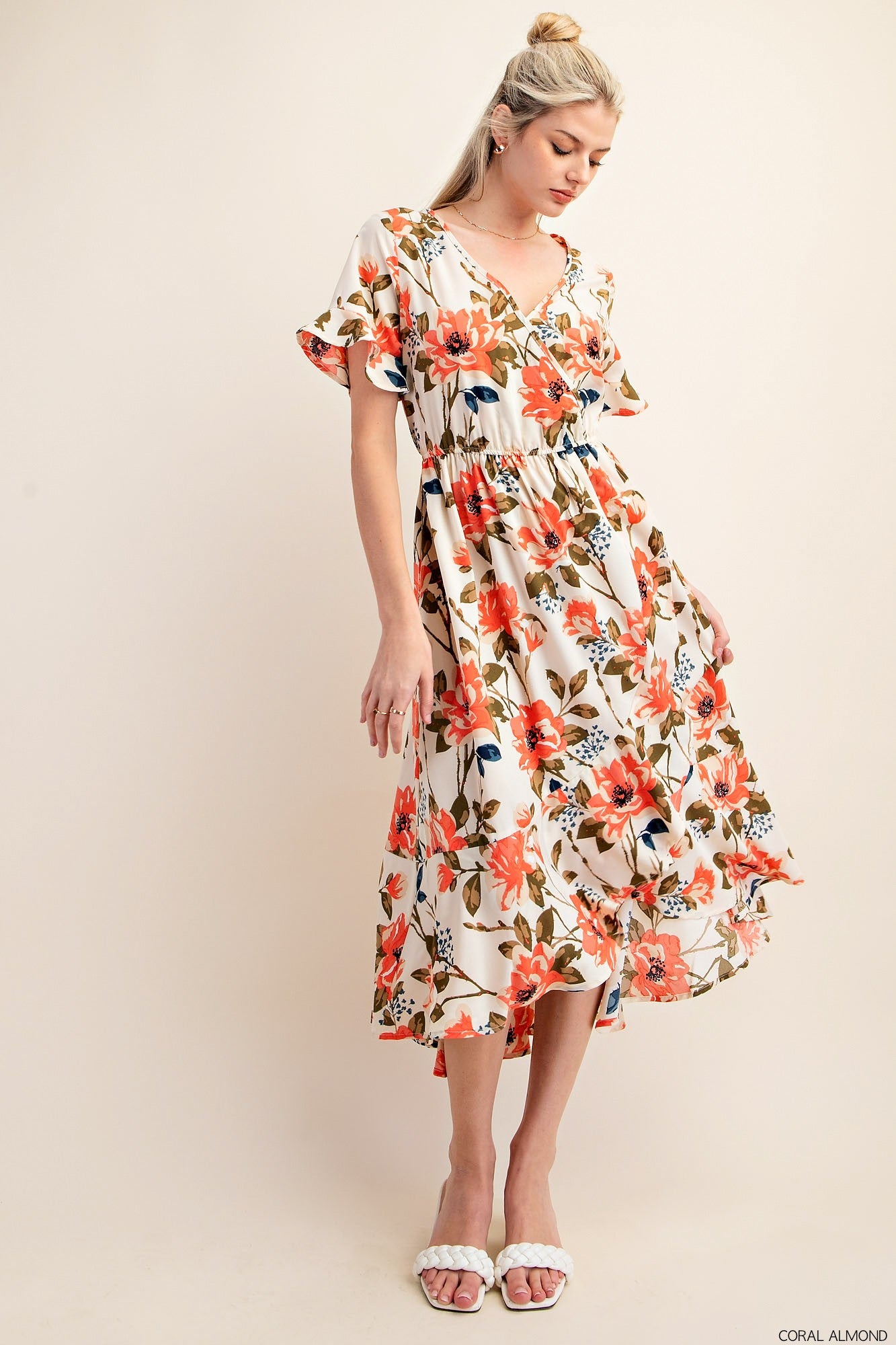 Floral V-Neck Elastic Waist Midi Dress