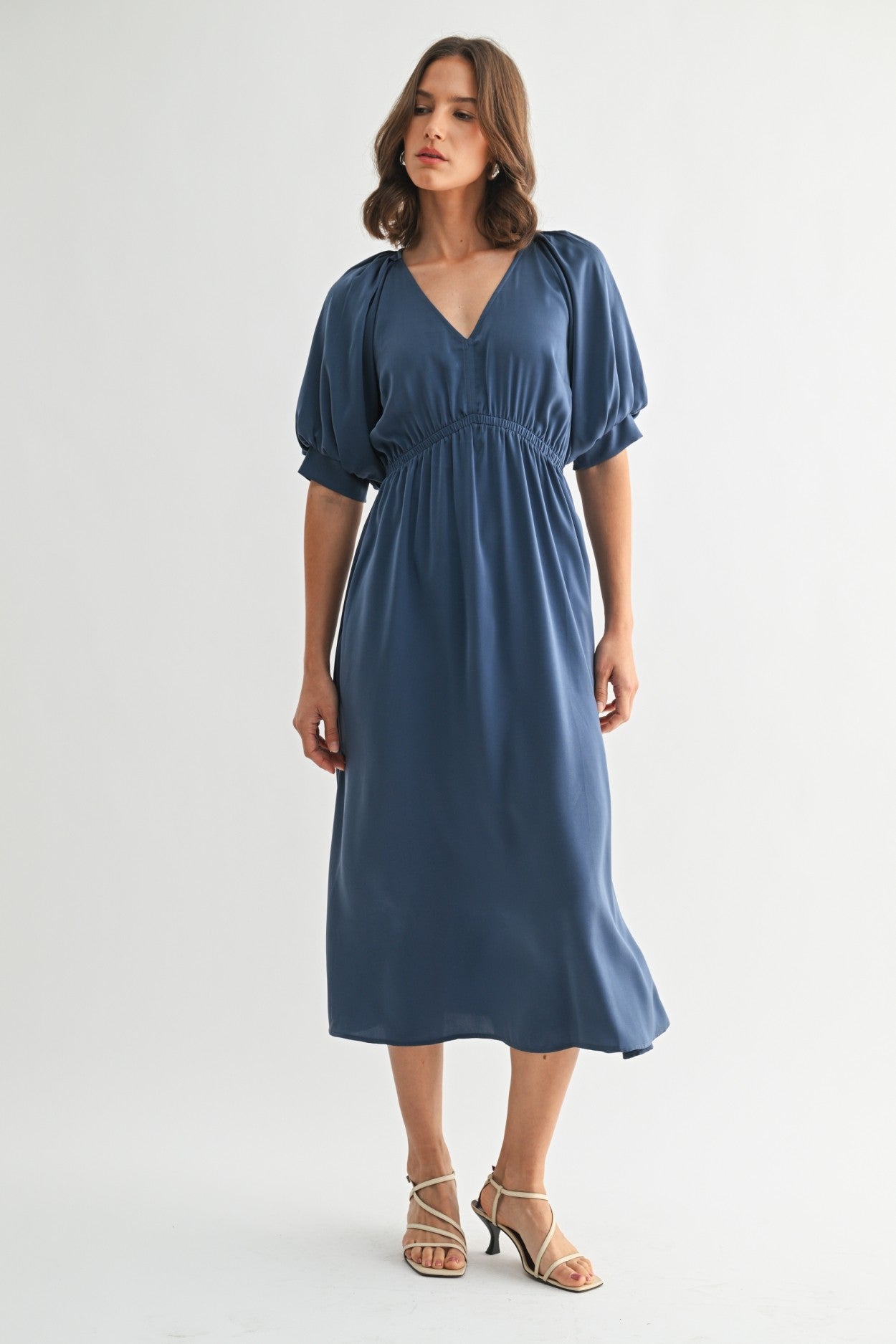Satin Balloon Dress in Dusty Blue