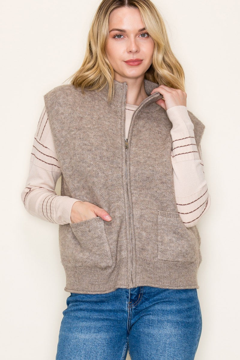 Zip Up Sweater Vest in Mocha