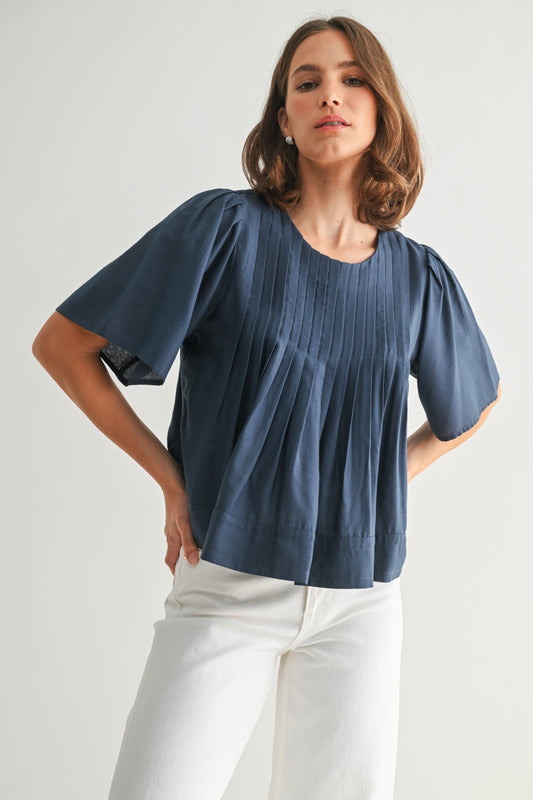 Pintuck Short Sleeve Blouse in Blue