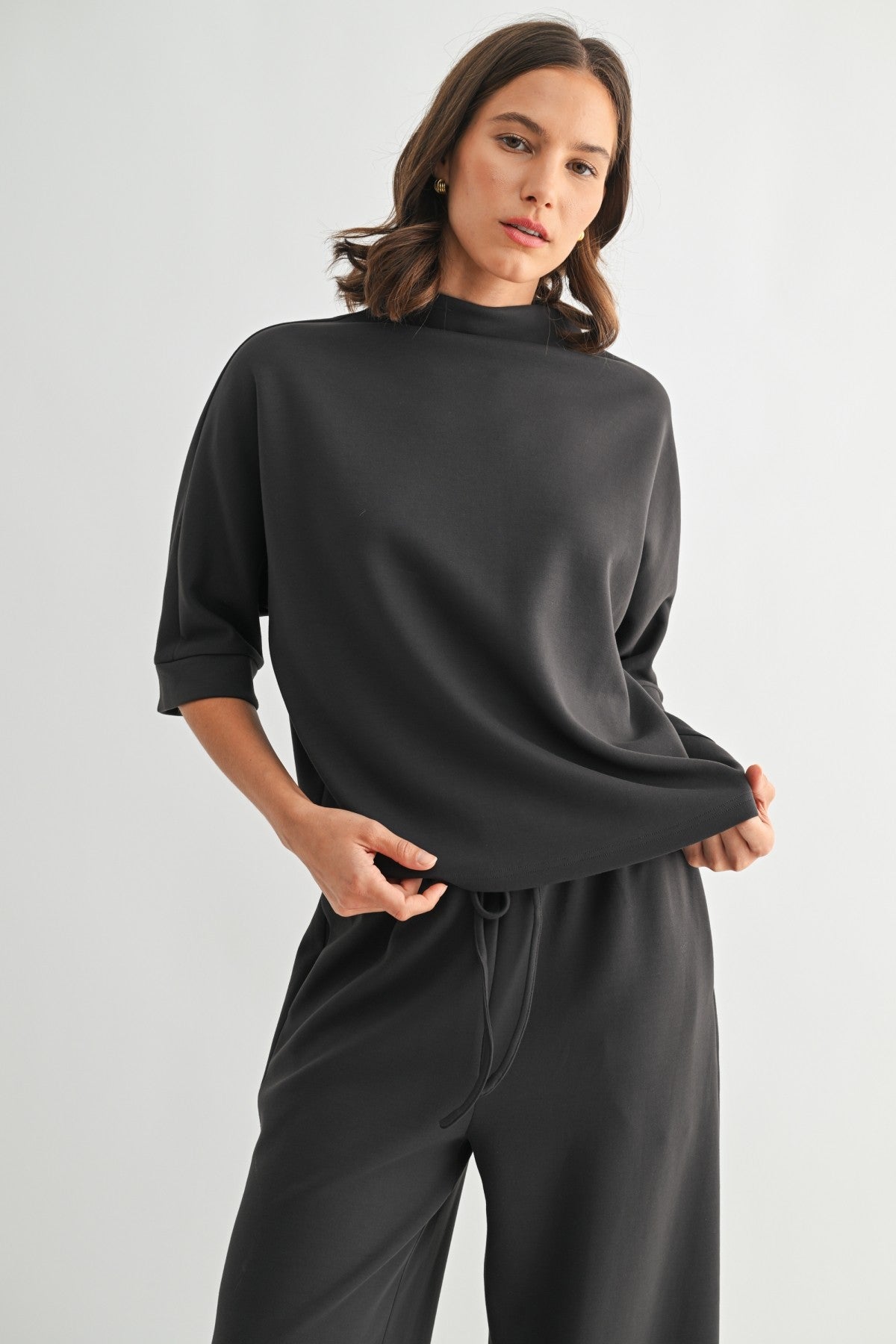 Scuba Mock Neck Knit Top in Charcoal