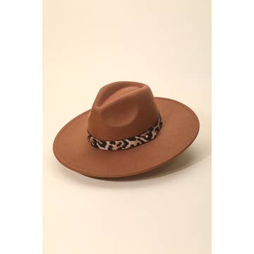 Leopard Strap Flat Brim Fedora Hat