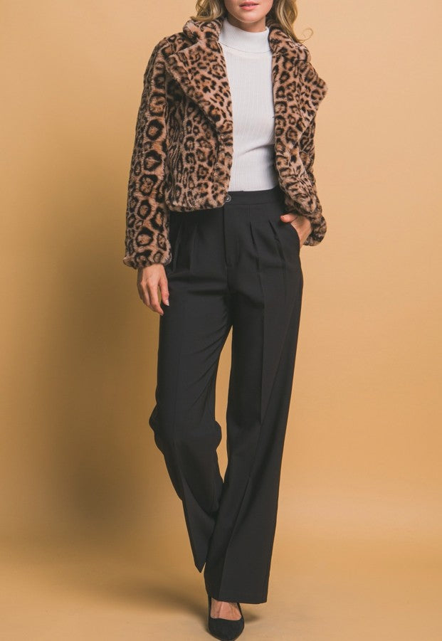 Leopard Faux Fur Cropped Jacket in Camel