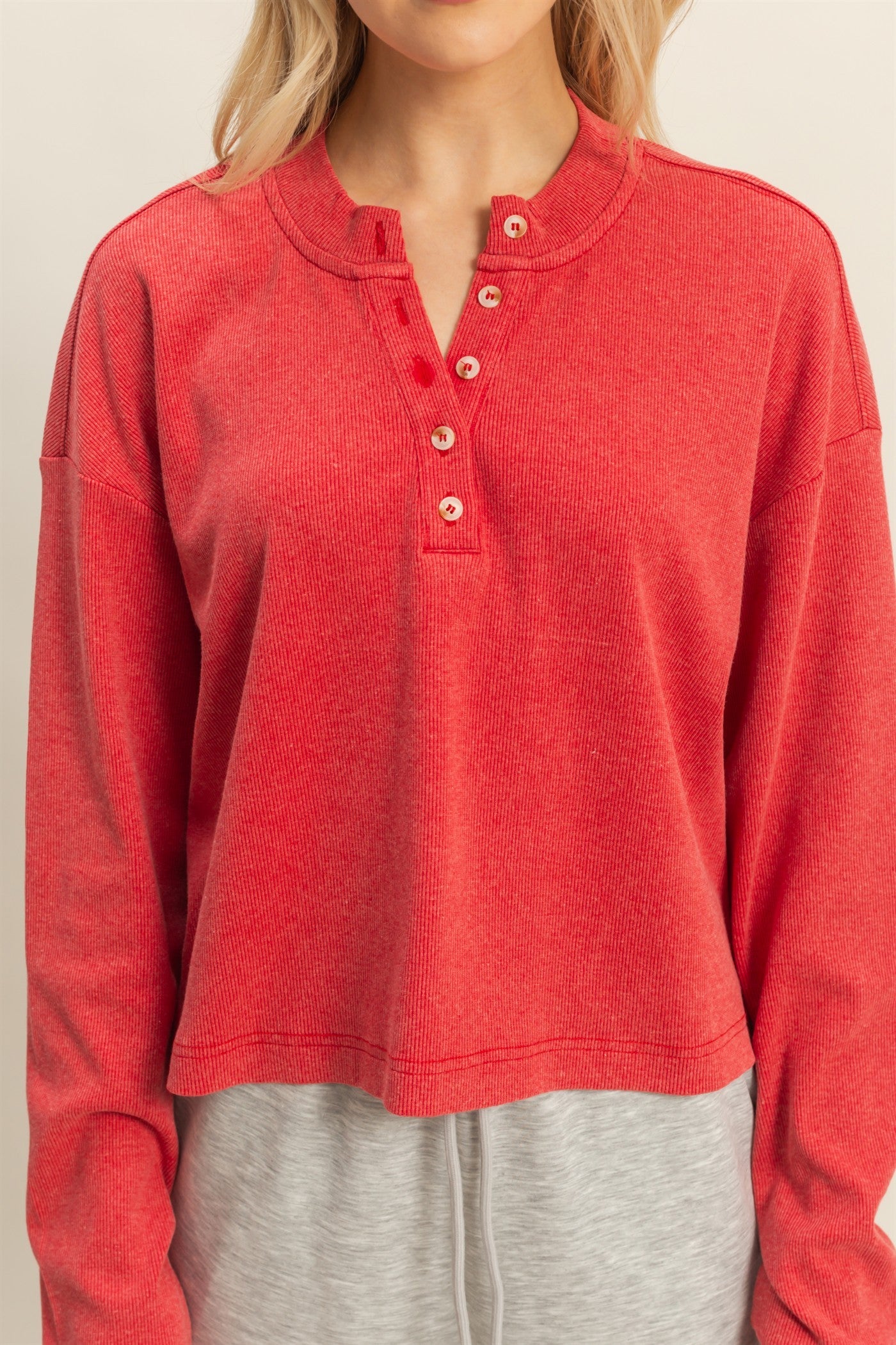 Mineral Washed Long-sleeve Henley Top