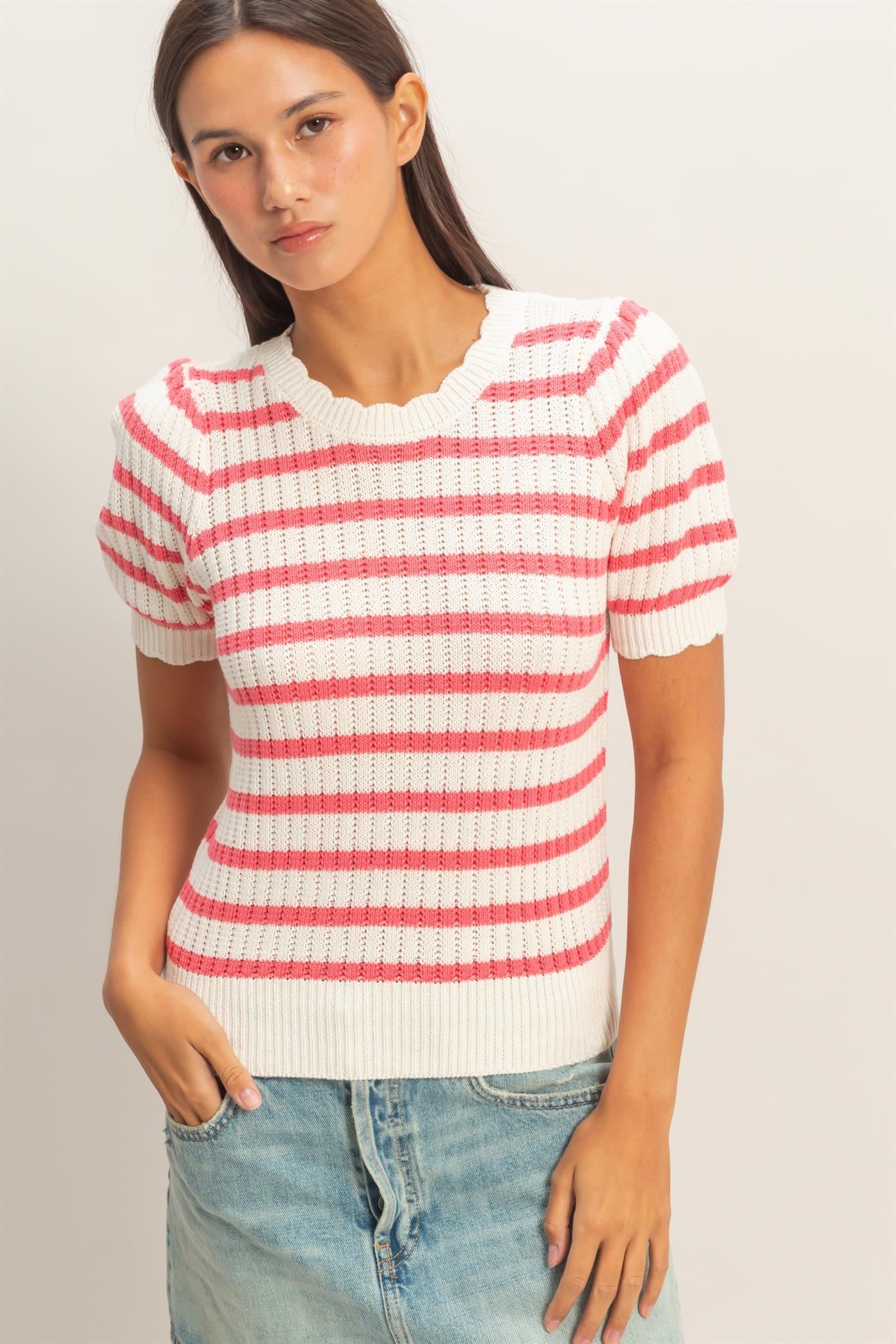 Striped Scallop Edge Puff Sleeve Knit Top