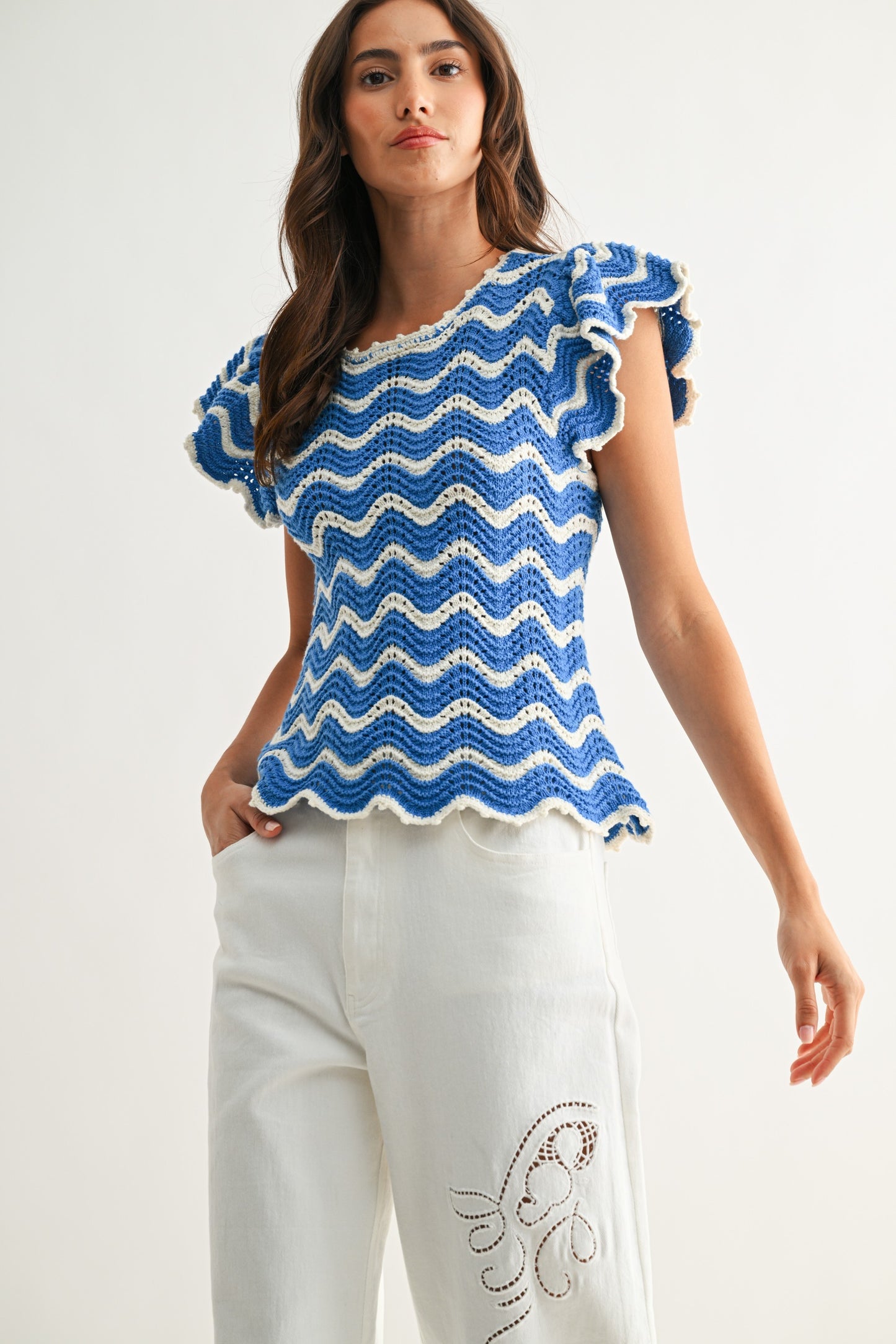 Blue & White Chevron Knit Top