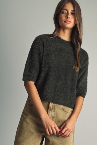 MIOU MUSE Cropped Eyelash Faux-Fur Sweater in Green