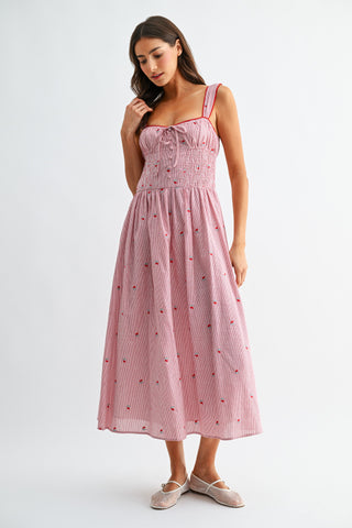 Cherry Embroidered Striped Midi Dress