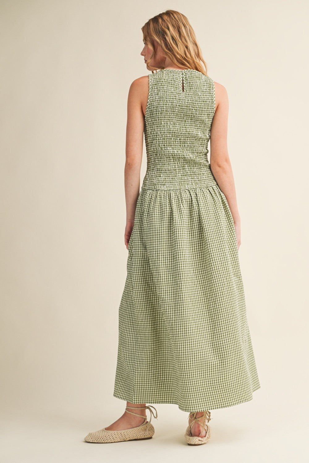Long Smocked Bodice Maxi Dress in Green