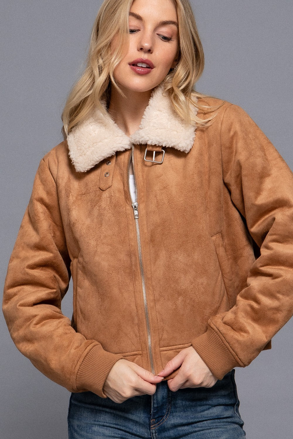 Faux Suede Fur lined Jacket in Tan